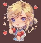  1boy antenna_hair apple belt belt_buckle blonde_hair blue_eyes blue_sleeves blue_tunic brown_background brown_belt buckle character_name chibi commentary earrings english_commentary eyelashes food fruit heart highres holding holding_food holding_fruit hoop_earrings jewelry layered_sleeves link long_sleeves male_focus multiple_belts one_side_up open_mouth outline pointy_ears short_hair short_over_long_sleeves short_sleeves simple_background single_strap smile solo sparkle sparkling_eyes the_legend_of_zelda the_legend_of_zelda:_breath_of_the_wild thick_eyebrows upper_body white_outline white_sleeves yanmian_(printemps-noir) 