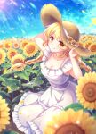  1girl blonde_hair blue_sky blurry blush borrowed_character braid breasts cleavage closed_mouth collarbone commentary_request commission depth_of_field dress feet_out_of_frame field flower flower_field frilled_dress frills hair_between_eyes hair_ribbon hands_up hat hat_flower highres kousetsu leaf long_hair looking_at_viewer low_twin_braids medium_breasts original pixiv_commission red_ribbon ribbon sidelocks sky sleeveless sleeveless_dress smile solo sparkle split_mouth standing straw_hat sundress sunflower sunflower_field sunlight twin_braids white_dress yellow_eyes 