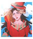 1girl arm_behind_back black_hair blue_eyes cloud commentary earrings english_commentary hat highres jacket jewelry jojo_no_kimyou_na_bouken lisa_lisa long_hair looking_to_the_side mask oratoza red_headwear red_jacket red_lips scarf sky solo upper_body 
