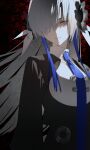  1girl absurdres black_flower black_shirt blue_necktie chinese_commentary collared_shirt commentary_request dark_background expressionless eye_print floating_hair flower grey_eyes grey_hair hair_flower hair_ornament highres isekai_joucho kamitsubaki_studio long_hair looking_at_viewer necktie shirt solo upper_body virtual_youtuber walluka 