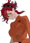  1girl aqua_eyes black_hairband blush bodysuit embarrassed gundam gundam_suisei_no_majo hair_between_eyes hair_slicked_back hairband highres looking_at_viewer low_ponytail orange_bodysuit parted_lips red_hair shuu-0208 solo suletta_mercury upper_body white_background 