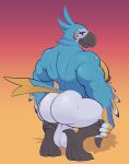2023 anthro avian back_muscles backsack balls beak big_balls big_butt big_muscles bird breath_of_the_wild butt crouching feathers feet genitals gradient_background hi_res huge_balls kass_(tloz) looking_at_viewer looking_back looking_back_at_viewer male muscular muscular_anthro muscular_male nintendo nipples non-mammal_balls non-mammal_nipples nude orange_background pecs red_background redeyedgazer rito saggy_balls shadow simple_background smile solo talons the_legend_of_zelda thick_thighs toes triceps tuft
