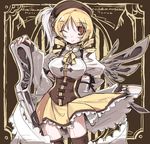  bad_id bad_pixiv_id breasts character_name copyright_name drill_hair endou_chihiro gun large_breasts looking_at_viewer magical_girl magical_musket mahou_shoujo_madoka_magica one_eye_closed skirt smile solo tomoe_mami twin_drills twintails weapon 