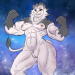 2023 abs anthro areola ben300 biceps breasts eyelashes fangs felid female final_fantasy final_fantasy_xiv flexing flexing_bicep flexing_both_biceps flexing_muscles front_view fur genitals grey_body grey_fur hi_res hrothgar looking_at_viewer mammal muscular muscular_anthro muscular_female nipples nude open_mouth orange_eyes pecs pinup portrait pose pubes pussy quads sharp_teeth smile solo square_enix standing tail tail_tuft teeth three-quarter_portrait triceps tuft vein veiny_muscles