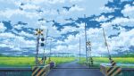  absurdres aeuna bird blue_sky cloud cloudy_sky commentary_request day field grass highres no_humans original outdoors railroad_crossing railroad_tracks rural scenery sky tree utility_pole vanishing_point white_bird 
