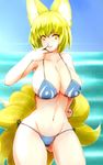  animal_ears ass_visible_through_thighs bikini blonde_hair breasts cleavage collarbone curvy dearmybrothers fox_ears fox_tail groin highres huge_breasts looking_at_viewer multiple_tails navel short_hair side-tie_bikini solo swimsuit tail touhou wide_hips yakumo_ran yellow_eyes 