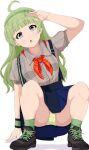  1girl :o absurdres ahoge arm_support black_footwear blue_eyes blue_skirt breasts commentary green_hair green_hairband green_panties green_socks grey_shirt hairband hand_up highres honokakao idolmaster idolmaster_million_live! idolmaster_million_live!_theater_days legs long_hair looking_at_viewer medium_breasts neckerchief official_alternate_costume panties pantyshot red_neckerchief shadow shimabara_elena shirt short_sleeves skirt socks solo squatting striped striped_shirt suspender_skirt suspenders thighs underwear vertical-striped_shirt vertical_stripes white_background 
