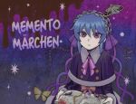  blue_hair book bug centipede copyright_name dress eyeball hair_ribbon holding holding_book looking_at_viewer memento_marchen moth multicolored_hair open_book purple_dress ribbon rusha_(memento_marchen) serious short_hair sparkle 