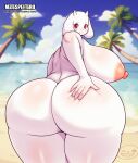 anthro areola beach big_butt biped boss_monster bovid breasts butt caprine female fingers hi_res holding_butt huge_butt looking_back mammal matospectoru mature_female nipples nubes rear_view seaside smile solo thick_thighs toriel undertale undertale_(series) white_body