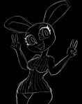 anthro black_brackground buckteeth cabezilla eyelashes female gesture lagomorph leporid looking_at_viewer mammal monochrome open_mouth rabbit solo teeth v_sign vib-ribbon vibri