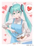  1girl absurdres ahoge apron aqua_eyes aqua_hair blue_apron border cellphone collared_shirt commentary_request cooking dress_shirt hair_between_eyes hatsune_miku heart highres holding holding_whisk long_hair outside_border phone pink_background shirt simple_background sleeves_past_elbows smartphone solo sparkle spoken_object tsukuno_tsuki twintails twitter_username valentine vocaloid whisk white_border white_shirt 