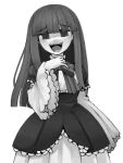  1girl bow commentary dress empty_eyes english_commentary frederica_bernkastel frilled_dress frilled_sleeves frills greyscale hime_cut long_bangs mafurara monochrome open_mouth sleeves_past_wrists smile solo umineko_no_naku_koro_ni wide_sleeves 
