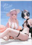 2girls absurdres alternate_costume azur_lane bikini blue_sky breasts feet_out_of_frame hair_between_eyes hat highres horns large_breasts long_hair looking_at_viewer mechanical_horns multicolored_hair multiple_girls ohisashiburi open_mouth pink_eyes pink_hair plymouth_(azur_lane) red_horns sagging_breasts short_hair signature sitting sky small_breasts streaked_hair sun_hat swimsuit thigh_strap two-tone_hair ulrich_von_hutten_(azur_lane) white_bikini white_headwear yellow_eyes 