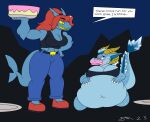 absurd_res anthro blue_body blue_eyes blue_skin cake dessert dirtymac dragon feeding female fish food hair hi_res horn marine red_hair shark stuffing undertale undertale_(series) undyne vore yellow_eyes