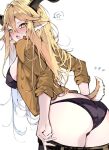  1girl ahoge anger_vein angry animal_ear_fluff animal_ears arched_back arknights ass ass_focus asymmetrical_hair asymmetrical_sidelocks black_bra black_panties blonde_hair blush bra breasts brown_horns collared_jacket colored_inner_hair commentary_request cowboy_shot crossed_bangs degenbrecher_(arknights) double-parted_bangs eyelashes from_side goat_ears goat_girl goat_horns goat_tail green_pants grey_hair hair_between_eyes hair_flowing_over highres holding holding_pants horns jacket kyuu_(plastic_night_q) lace-trimmed_bra lace-trimmed_panties lace_trim large_breasts leaning leaning_forward long_bangs long_hair long_sleeves looking_at_viewer looking_back military military_jacket military_uniform multicolored_hair nose_blush notice_lines open_clothes open_jacket open_mouth panties pants partially_undressed shadow sideboob sidelocks simple_background sleeves_rolled_up solo spoken_anger_vein standing surprised sweatdrop tail teeth thighs tongue two-tone_hair underwear undressing uniform upper_teeth_only very_long_hair white_background yellow_eyes yellow_jacket 