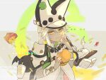  1girl burger cup dark-skinned_female dark_skin disposable_cup eating food french_fries guilty_gear holding holding_food long_hair looking_at_viewer lucifero_(guilty_gear) ramlethal_valentine white_hair yellow_eyes youmicitrustea 