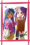  2girls :3 :d absurdres ahoge bag black_bow blue_hair blush book bow casual chinese_commentary commentary cowboy_shot friends green_eyes hair_between_eyes hair_bow highres hiiragi_kagami holding holding_bag holding_book izumi_konata long_hair looking_at_another lucky_star mogege_gk mole mole_under_eye multiple_girls open_mouth orange_shirt parted_bangs pink_sweater purple_eyes shirt shopping_bag side-by-side sidelocks simple_background smile smug sparkle standing sweater twintails v-shaped_eyebrows very_long_hair white_background 