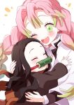  2girls absurdres bit_gag black_hair blush braid buchi_(y0u0ri_) closed_eyes collared_shirt fingernails gag green_eyes green_hair highres hug kamado_nezuko kanroji_mitsuri kimetsu_no_yaiba long_fingernails long_hair long_sleeves mole mole_under_eye multicolored_hair multiple_girls nail_polish one_eye_closed open_mouth pink_hair red_hair shirt smile twin_braids wavy_hair 