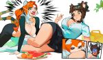  2girls absurdres animal_ears ass_biting biting blueisalanguage borrowed_character breasts brown_eyes brown_hair chibi chibi_inset cleavage commentary crop_top crossover dog_ears english_commentary food fruit full_body highres large_breasts leg_bite long_hair lying multiple_girls on_side orange_(fruit) orange_hair original partially_unbuttoned short_bangs short_hair tail tiger_ears tiger_girl tiger_girl_(blueisalanguage) tiger_tail unbuttoned unbuttoned_shirt vicky_wang_(haru_feng) watermelon yuri 