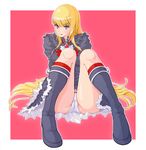  bangs blonde_hair blue_eyes blunt_bangs boots cameltoe dress frills jeibii knee_boots lili_(tekken) long_hair looking_at_viewer panties sitting solo tekken tekken_6 tsurime two-tone_background underwear white_panties 