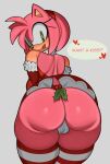 2023 amy_rose anthro armwear bare_shoulders camel_toe clothing dialogue english_text eulipotyphlan female fiinel green_eyes hedgehog hi_res legwear looking_at_viewer looking_back looking_back_at_viewer mammal open_mouth pink_body pink_skin sega simple_background solo sonic_the_hedgehog_(series) speech_bubble text thick_thighs wide_hips