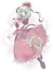  arm_ribbon bow frilled_ribbon frills front_ponytail full_body green_eyes green_hair hair_bow hair_ribbon highres kagiyama_hina looking_at_viewer puffy_short_sleeves puffy_sleeves red_bow red_ribbon ribbon short_sleeves smile solo touhou yachiuo 