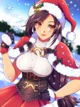  1girl artist_name black_hair blue_sky blurry blurry_background blush breasts capelet christmas clenched_hand closed_mouth commentary dress english_commentary final_fantasy final_fantasy_vii final_fantasy_vii_ever_crisis fur-trimmed_capelet fur-trimmed_gloves fur-trimmed_headwear fur-trimmed_skirt fur_trim gloves hair_ornament hand_on_own_hip hand_up hat highres holly_hat_ornament large_breasts long_hair looking_at_viewer low-tied_long_hair mingway official_alternate_costume outdoors pom_pom_(clothes) pom_pom_hair_ornament red_capelet red_eyes red_headwear red_skirt santa_costume santa_dress santa_hat skirt sky sleeveless sleeveless_turtleneck smile snow snowflakes snowing solo sweater swept_bangs tifa_lockhart tifa_lockhart_(fairy_of_the_holy_flame) turtleneck turtleneck_sweater upper_body very_long_hair white_sweater 
