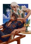  2boys beach_chair beer_can black_hair black_jack_(character) black_jack_(series) border can collarbone eyepatch floral_print grey_hair hawaiian_shirt hibiscus_print highres holding holding_can kiriko_(black_jack) long_hair looking_at_another male_focus mature_male multicolored_hair multiple_boys oldkin palm_tree pectoral_cleavage pectorals shirt short_hair short_sleeves split-color_hair stitched_face stitches tree white_border 