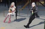  2girls absurdres ak-12 ak-12_(faint_light_of_furthest_day)_(girls&#039;_frontline) ak-12_(girls&#039;_frontline) alternate_costume an-94 an-94_(girls&#039;_frontline) aqua_eyes assault_rifle bare_tree black_footwear black_nails black_pants boots breasts burger camouflage camouflage_jacket can cleavage commission crossed_legs dress eating english_commentary food girls&#039;_frontline gloves grey_hair gun hairband highres holding holding_food j_adsen jacket kalashnikov_rifle mixed-language_commentary multiple_girls official_alternate_costume open_clothes open_jacket open_mouth pants pantyhose pink_footwear pink_gloves pink_hairband playground rifle russian_commentary russian_text shop sitting snow soda_can swing thigh_boots tree weapon white_dress white_pantyhose winter 