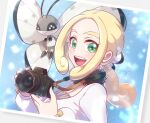  1girl :d blonde_hair blue_background blush camera coat commentary_request eyelashes fur_collar green_eyes hands_up happy highres holding holding_camera ivory_(25680nico) long_hair long_sleeves open_mouth pokemon pokemon_(creature) pokemon_masters_ex ponytail sidelocks smile teeth tongue upper_teeth_only viola_(holiday_2023)_(pokemon) viola_(pokemon) vivillon white_coat 