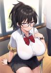  1boy 1girl armband black_hair black_skirt blush bow bowtie bra bralines breasts collared_shirt desk glasses highres huge_breasts kazama_ritsuko long_hair looking_at_viewer original pleated_skirt ponytail purple_eyes school_desk shirt short_sleeves sitting skirt solo_focus thighs try_(lsc) underwear watch white_bra white_shirt window wristband wristwatch 