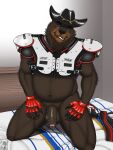 2020 anthro balls bear bed belly biceps blue_eyes bottomless claws clothed clothing cowboy_hat elbestia fingerless_gloves flaccid football_uniform footwear foreskin furniture genitals gloves handwear hat headgear headwear hi_res inside jockstrap kneeling looking_at_viewer male mammal manly musclegut muscular on_bed penis shoes shoulder_pads slightly_chubby smile solo underwear vein veiny_penis westhoff