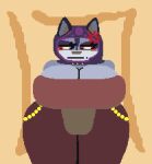 angry anthro asuri_(brawlhalla) big_breasts blush bottomwear breasts brown_clothing clothing curvy_figure digital_media_(artwork) embarrassed eyeliner felid feline female front_view fur grey_body grey_fur hood loincloth lynx makeup mammal pink_eyes pixel_(artwork) pointless_circle solo thick_thighs voluptuous