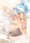  1girl aqua_(konosuba) arm_rest bathing bathtub blush breasts choko_(cup) completely_nude contemporary cup drunk forehead hair_bun highres holding holding_cup izawa_(bhive003) kono_subarashii_sekai_ni_shukufuku_wo! large_breasts looking_at_viewer looking_to_the_side nose_blush nude partially_submerged refraction reverse_cowgirl_position single_hair_bun sitting solo steam straddling tokkuri white_towel 