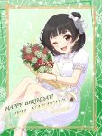  1girl black_hair bouquet bow bracelet brown_eyes character_name child commentary dated dress earrings flat_chest floral_print flower frilled_sleeves frills green_background hair_bow happy_birthday highres holding holding_bouquet idolmaster idolmaster_million_live! jewelry legs light_blush looking_at_viewer nakatani_iku necklace one_eye_closed open_mouth puffy_short_sleeves puffy_sleeves shiro_(ongrokm) short_hair short_sleeves sitting smile solo white_bow white_dress white_footwear 