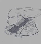 andrew_doodle anthro armor bust_portrait casloafy clothed clothing hi_res lagomorph leporid long_ears male mammal melee_weapon monochrome pivoted_ears portrait rabbit simple_background solo sword weapon wings
