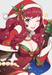  1girl blue_cape bodysuit breasts brown_gloves candy candy_cane cape christmas facial_mark fire_emblem fire_emblem_engage fire_emblem_heroes food gloves hair_ornament hat highres holding holding_sack holly_hair_ornament ice_pick large_breasts looking_at_viewer mistletoe_hair_ornament multicolored_cape multicolored_clothes official_alternate_costume one_eye_closed peach11_01 pectorals red_bodysuit red_cape red_eyes red_hair sack santa_hat star_(symbol) star_facial_mark star_hair_ornament star_print two-tone_cape yunaka_(fire_emblem) yunaka_(fire_emblem)_(spirited_envoy) 