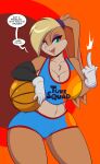 ball basketball_(ball) blonde_hair blue_eyes breasts clothing curvy_female curvy_figure fan_character female gesture gloves hair handwear hi_res lagomorph leporid lola_bunny looking_at_viewer looney_tunes mammal middle_finger orange_background rabbit shaded simple_background simple_shading solo speech_bubble tunesquad warner_brothers wide_hips