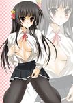  bell black_hair breasts brown_eyes hair_bell hair_ornament highres himenokouji_akiko long_hair medium_breasts no_bra oda_ken'ichi onii-chan_dakedo_ai_sae_areba_kankeinai_yo_ne open_clothes open_shirt panties panties_under_pantyhose pantyhose shirt skirt skirt_lift solo underwear 