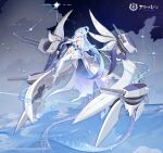  1girl :o asymmetrical_legwear azur_lane black_thighhighs blue_hair breasts constellation_(azur_lane) copyright_name copyright_notice dress elbow_gloves full_body gloves hair_between_eyes halo hand_on_own_arm highres large_breasts leg_up long_hair looking_at_viewer mismatched_legwear official_art purple_eyes rigging second-party_source sideboob sleeveless sleeveless_dress solo thighhighs very_long_hair white_dress white_gloves white_thighhighs wings zettai_ryouiki 