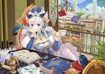  arm_support bird blue_eyes book bookmark bookshelf breasts carrying chair cloud crossed_legs cup cupcake day desk dress fantasy flower flower_pot food globe hat headphones inkwell large_breasts long_hair pillow pixiv pixiv-tan quill sitting sky stained_glass tea teacup telescope thighhighs white_hair white_legwear yang_yang_(tigu) 
