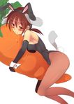  animal_ears bare_shoulders beiruto blush breasts brown_eyes brown_hair bunny_ears bunny_girl bunny_tail bunnysuit carrot cleavage detached_collar elbow_gloves gertrud_barkhorn gloves hug medium_breasts pantyhose short_hair solo strike_witches tail twintails world_witches_series 