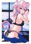  1girl absurdres animal_ears ass bare_arms bare_shoulders black_bra blue_eyes blue_skirt bra breasts cat_ears cat_tail commentary_request highres honkai:_star_rail honkai_(series) kemonomimi_mode looking_at_viewer march_7th_(honkai:_star_rail) medium_breasts medium_hair miniskirt no_shoes open_mouth parika pink_hair pleated_skirt seiza sitting skirt snow solo tail tongue tongue_out underwear 