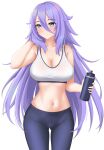  1girl absurdres black_pants blue_eyes bottle breasts closed_mouth collarbone covered_nipples cowboy_shot hair_between_eyes hand_in_own_hair highres holding holding_bottle large_breasts littlechim long_hair midriff navel original pants purple_hair solo sports_bra white_sports_bra 