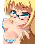  black-framed_eyewear blonde_hair breasts cleavage glasses green_eyes hayashi_custom looking_at_viewer looking_over_eyewear medium_breasts original senjugiku_tabane simple_background solo_focus white_background 