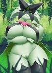 absurd_res anthro big_breasts breasts butt_from_the_front felid feline female fur generation_9_pokemon genitals green_body green_fur hi_res huge_breasts looking_at_viewer mammal meowscarada nikowhith nintendo nude pokemon pokemon_(species) pussy simple_background solo thick_thighs wide_hips
