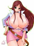  1girl akana_rui amano_taiki areola_slip areolae blush breasts brown_hair chousoku_henkei_gyrozetter curvy female gigantic_breasts green_eyes highres huge_breasts long_hair looking_at_viewer microskirt no_bra see-through shiny shiny_skin simple_background skirt smile solo white_background 