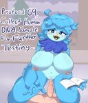 anthro areola avian balls big_breasts birbmabe bird blue_body blue_eyes blush bodily_fluids breasts dialogue duo female genital_fluids genitals hi_res human humanoid humanoid_genitalia humanoid_penis male male/female mammal martlet_(undertale_yellow) nipples nude penis pussy pussy_juice text undertale undertale_(series) undertale_yellow vaginal