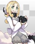  1girl blonde_hair camera cowboy_shot gradient_background green_eyes grey_background highres holding holding_camera looking_at_viewer missandydandy official_alternate_costume pokemon pokemon_masters_ex ponytail viola_(holiday_2023)_(pokemon) viola_(pokemon) 