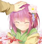  ^_^ blush closed_eyes efe flower hair_flower hair_ornament hieda_no_akyuu holding origami out_of_frame paper_crane petting pink_hair short_hair smile solo_focus touhou 